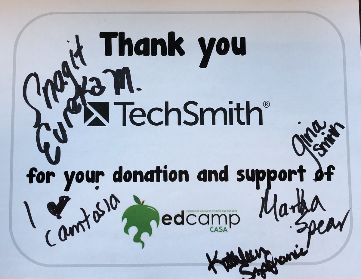 We loooove <a href="/TechSmith/">TechSmith</a> Camtasia and Snagit! Thank you so much for supporting #edcampCASA.