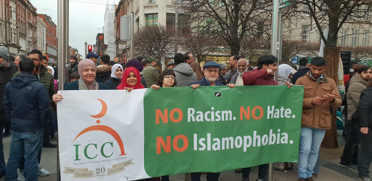 Islamireland's tweet photo. At the Spire today with other Islamic Societies and various groups in support. ❤️ #Christchurch #NewZealand #NotoRacism https://t.co/3jwbyK4mdy