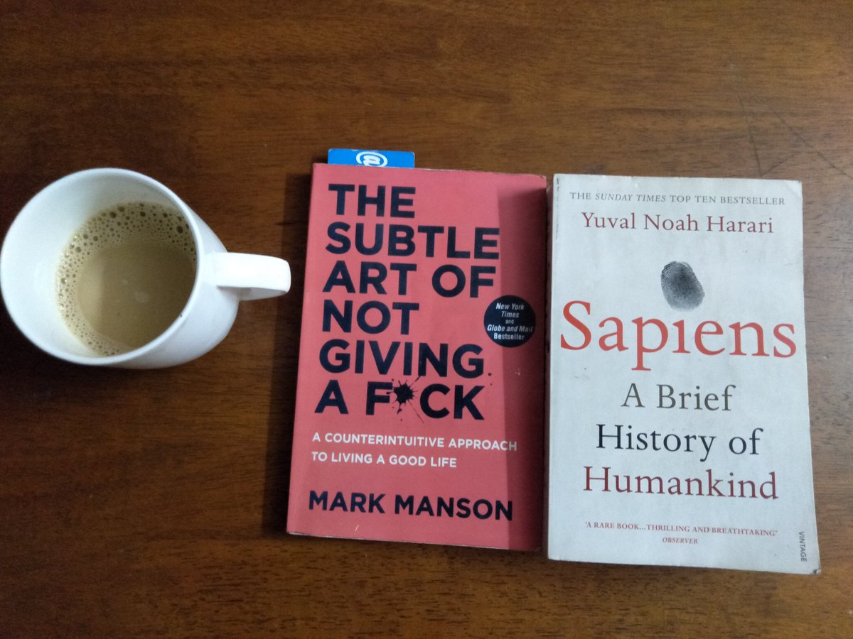 KronosAnanth's tweet photo. My #MorningRoutine. Waking up at four(when I can). Reading @markmanson's #TheSubtleArtOfNotGivingAFuck(best therapy book) or @harari_yuval's #Sapiens (best dose of history). Next comes a light workout and then writing #DeltaDeception. https://t.co/AaY19TehMJ