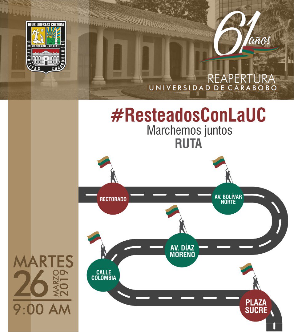 TiempoUC's tweet photo. Esta es la ruta de la marcha en defensa de la @UCarabobo. Invitamos a todos los carabobeños a acompañar este martes #26Mar a la comunidad ucista #ResteadosConLaUC
Hora: 9:00am
Punto de salida: Rectorado
Punto de llegada: Centro de Interpretación Histórica Cultural y Patrimonial https://t.co/fDb36KYEXs