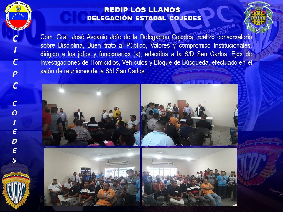 Com. Gral. José Ascanio Jefe de la Delegación Cojedes, realizó Conversatorio sobre Disciplina, Buen trato al Público, Valores y compromiso Institucionales, dirigido a los Jefes y personal Policial, efectuado en el salón de reuniones de la S/D San Carlos. <a href="/douglasRicoVzla/">Douglas Rico</a> #CICPC