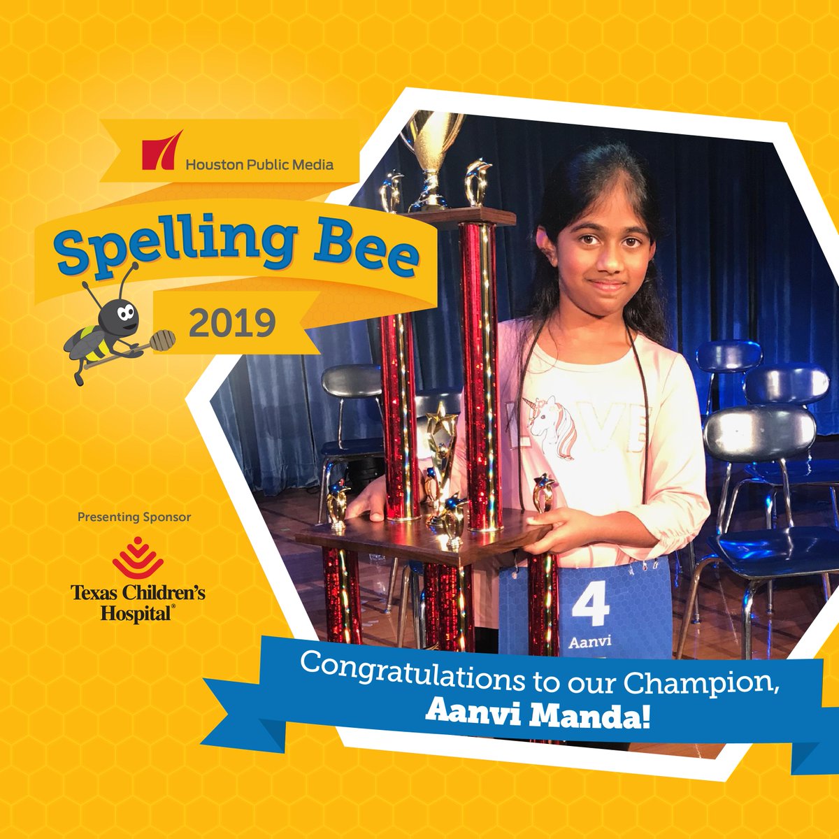 HoustonPubMedia's tweet photo. 🏆 🎉 👏Congratulations to the 2019 #HPMSpellingBee Champion Aanvi Manda, speller #4 from Brandon Elementary in @TeamLufkinISD.

🐝Aanvi moves on to compete at the 92nd Scripps National Spelling Bee in May! #spellebrity https://t.co/tMWoCsLtNz