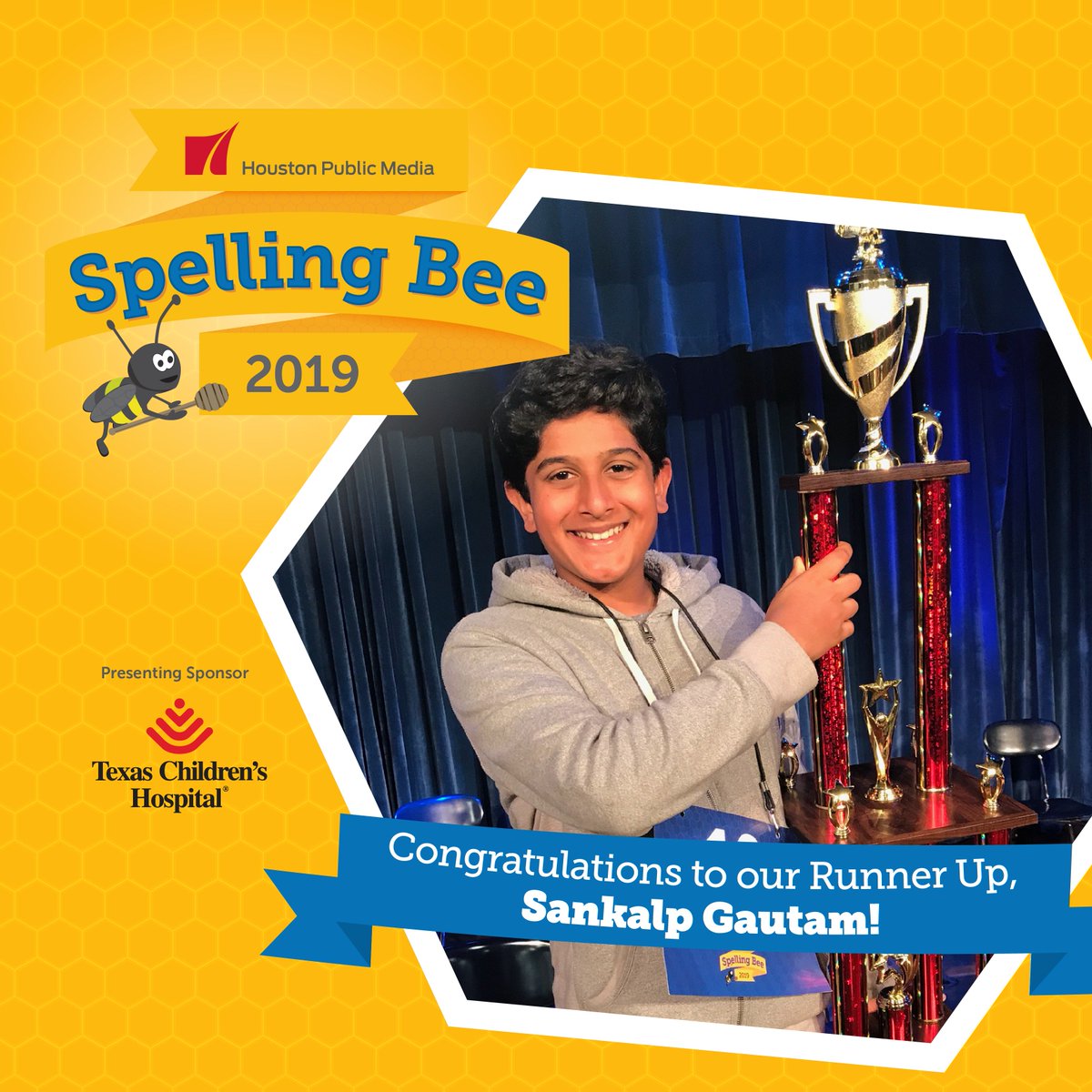HoustonPubMedia's tweet photo. 🏆 🎉 👏Congratulations to the 2019 #HPMSpellingBee Runner-up Sankalp Gautam, speller #10 from College Station Middle in @CSISD.

Sankalp will move on with #HPMSpellingBee Champion Aanvi to compete at the 92nd Scripps National Spelling Bee #spellebrities https://t.co/ZFH97Y0bsI