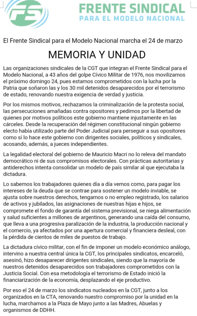 Chris_Lopez_Ok's tweet photo. #DocumentoOficial del #FRENTE #SINDICAL #FRESIMONA #MEMORIA Y #UNIDAD EL 24 TAMBIÉN #MARCHAMOS @cgt_camioneros,@PabloHMoyano @pablomoyano_ok,@juanperita10 @hugoamoyano,@SergioSutpa @DiazUdocba,@OMARPLAINI @garciamunicipal,@SergioOPalazzo @dipwaltercorrea,@gustavoveraok @Sutpacgt https://t.co/H9H9exwKWd