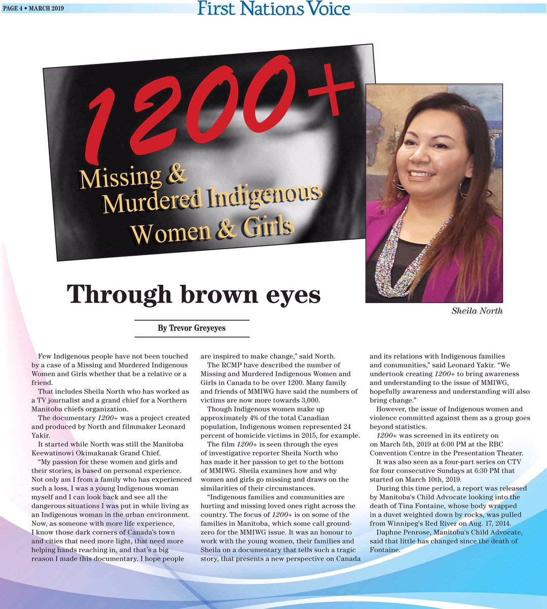 TheSheilaNorth's tweet photo. Please pick up a copy and read article by one of our finest Indigenous journalist, @TrevorGreyeyes of First Nations Voice. Itβs about our #MMIW film called 1200+ #1200plus
Watch the 3rd of 4 parts coming up this Sunday in CTV Winnipeg and Saskatchewan at 630 pm https://t.co/HfD24P8FtB