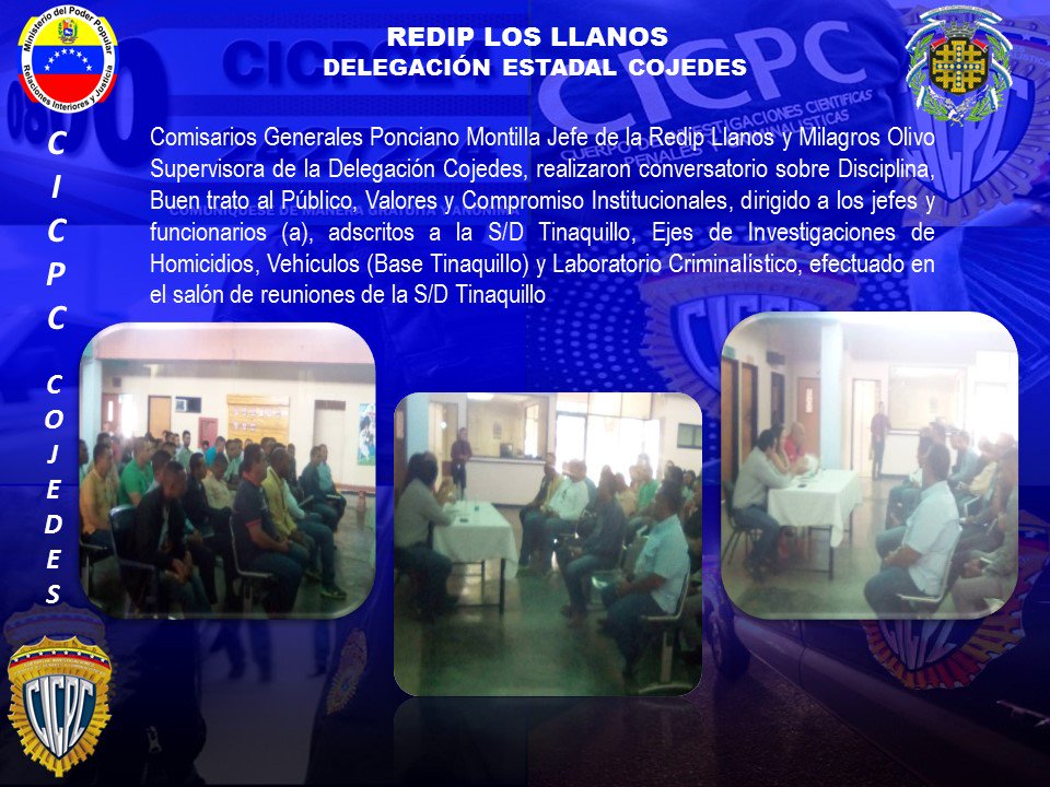 CICPC250's tweet photo. Comisarios Generales Ponciano Montilla Jefe de la Redip Llanos y Milagros Olivo Sup. de la Delegación Cojedes, realizaron Conversatorio sobre Disciplina, Buen trato al Público, Valores y Compromiso Institucionales, dirigido a los jefes y personal Policial. #CICPC @CICPC377 https://t.co/D1hh9V6UjT