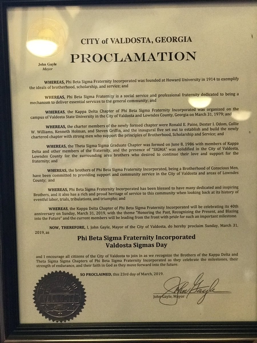 The Charter day for the Kool Kappa Delta chapter will officially be recognized by the City of Valdosta starting next weekend!  On Sunday, March 31st, 2019, it is officially Phi Beta Sigma Day in the city of Valdosta 🤘🏽