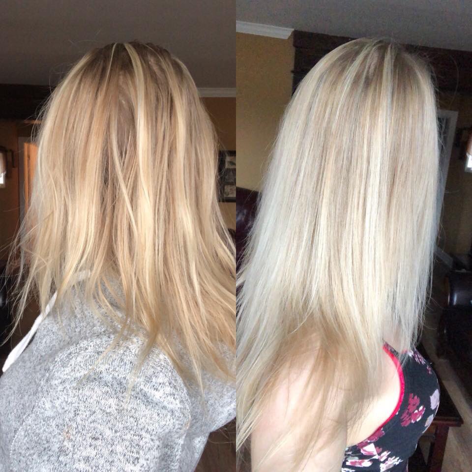 Taking the brass out of blondes!! 

Pictures taken only 30 minutes apart 🤯 

Who is spending lospf money on highlights that do not look like this end results?! 

This vegan shampoo sure does the trick 🙋🏼‍♀️ #blondeshavemorefun #lovethathair #takecareofyou #vegan