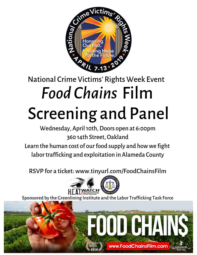 HEATWatch's tweet image. Join the #AlamedaCounty #LaborTrafficking Task Force for a screening of @FoodChainsFilm and a discussion panel during National Crime Victims' Rights Week! #humantrafficking #labortrafficking #NCVRW2019