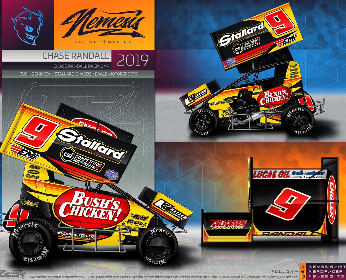 Fresh look for Chase Randall of Texas for the @RandallMTRsport for the 2019 @NOW600Series season, reppin' @EagleMotorsport @csishocks and @bushschickenTX! #racing #microsprint #racecar #GraphicDesign