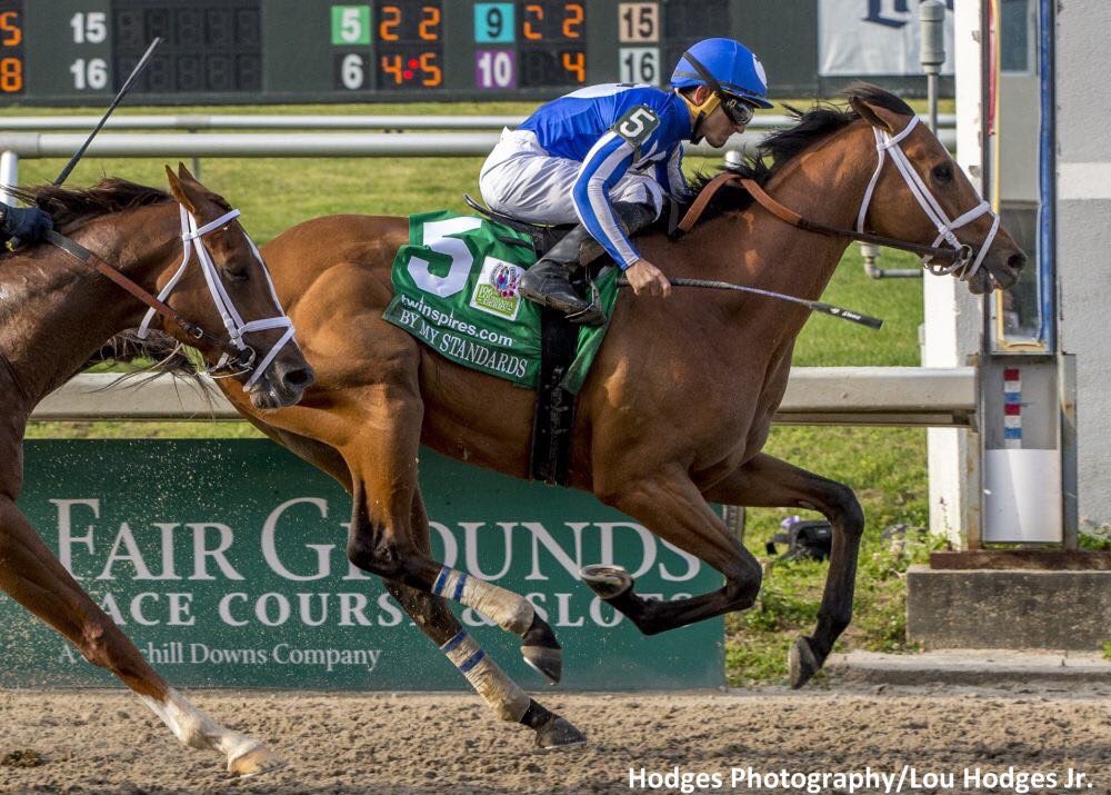 USRacingToday's tweet photo. #ByMyStandards won the #LouisianaDerby at @fairgroundsnola! Congratulations to the owner: #ChesterThomas, trainer: #WBretCalhoun and jockey: #GabrielSaez
📸: Hodges Photography/Lou Hodges/Fair Grounds https://t.co/1zYvSwEpbW
