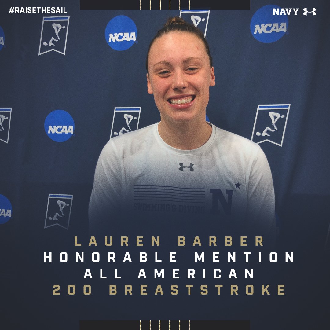 NavyAthletics's tweet photo. Congratulations to Honorable Mention All-American Lauren Barber from #NavyWSwim. She is the first Navy and Patriot League women's swimmer to earn the accolade at the NCAA D1 Championship. https://t.co/8Twwq0LMwT