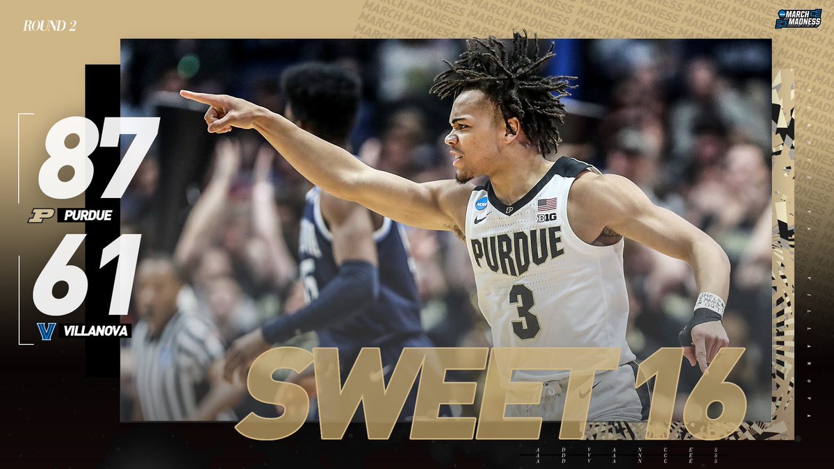MarchMadnessMBB's tweet photo. GET OFF THE TRACKS! 🚂

(3) Purdue steamrolls the defending champions (6) Villanova on the way to the #Sweet16! #MarchMadness https://t.co/RkbqsgOw6U