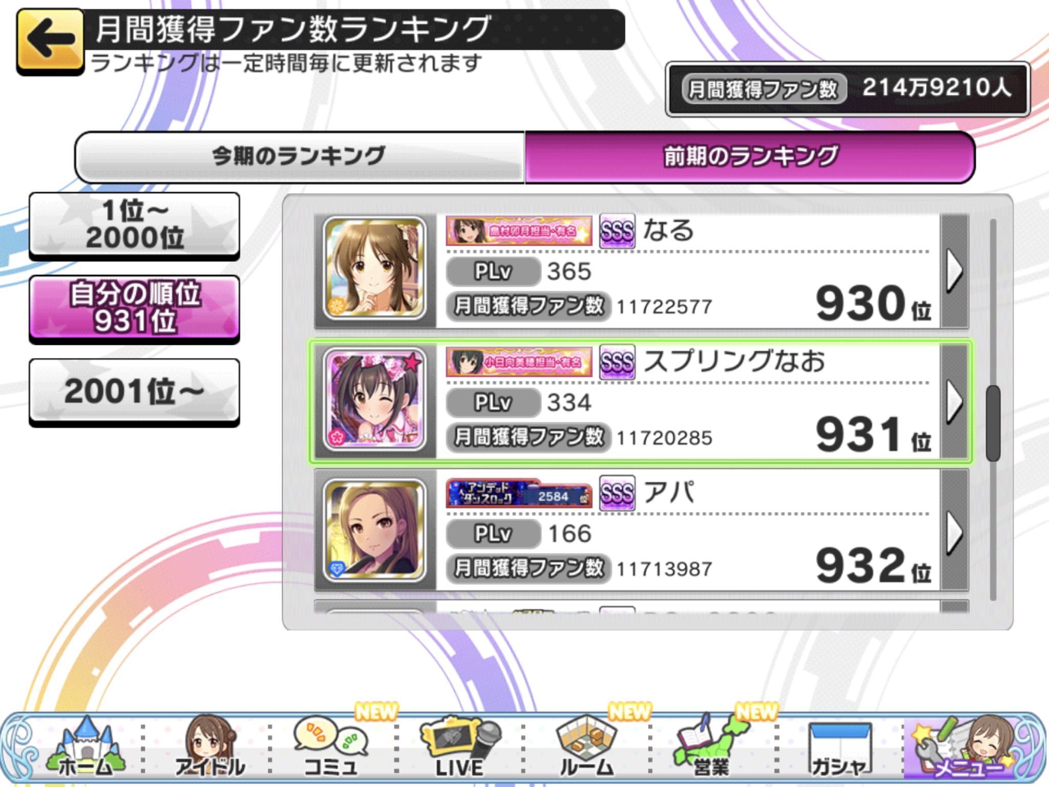 スプリングなお デレステの先月分sssランキング 不正アカウント削除で931位 847位になってた T Co T1xuxsvebf Twitter