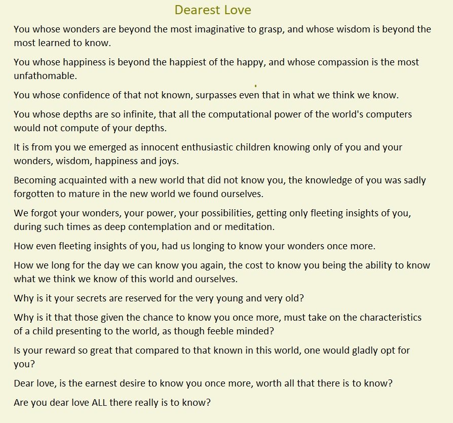 Dearest Love ❤️

#THEGOODLIFE #SaturdayThoughts #SuperSoulSunday #poem #FamilyTRAIN #JoyTrain #IAM #letsallbekind #JoyfulLeaders #GoldenHearts #LightUpT #IAMChoosingLove #ABetterWorld #KindnessMatters