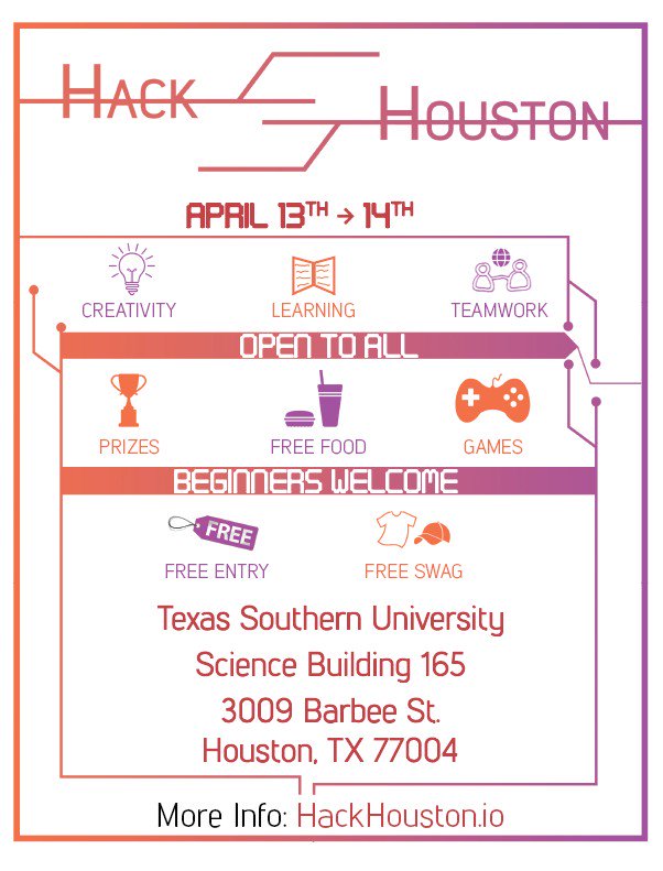 nsbe_uttyler's tweet photo. Texas Southern University Computer Society will be  hosting a Hack Houston on April. It's free event and  open to  all. Interested candidates can refer to the flyer. Feel free to send the  information to your members #nsbeutt #r5success #nsbehouston @r5ns
 #houstonprofessionals https://t.co/GgE8rgXjZY