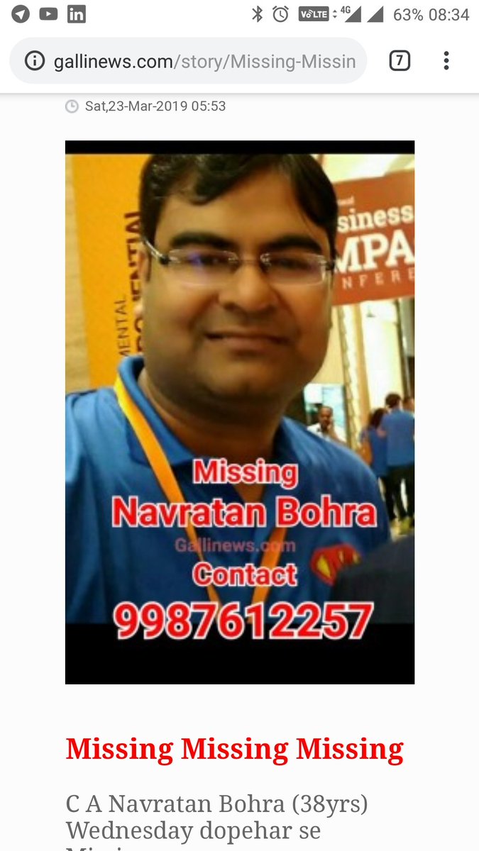 CAChirag's tweet photo. Missing C A Navratan Bohra (38yrs) since Wednesday. He stays at Kandivali and last went to Prabhadevi. The news of missing also appeared in TOI

If any information found pls call the number below. 

9987612257
Kiran Purohit

RT and Share. @MumbaiPolice @theicai  Plz help https://t.co/2VOcrqmXBH