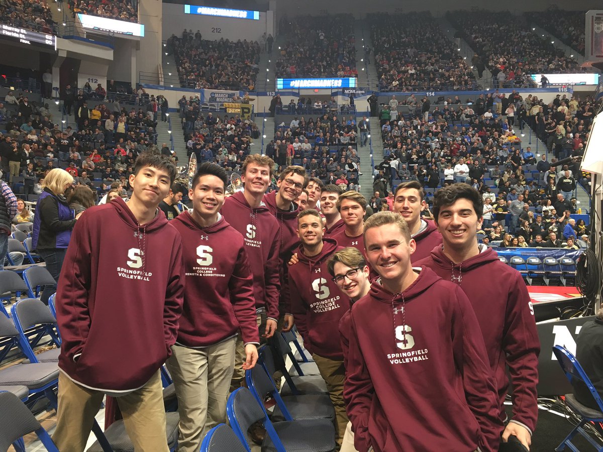 SC_Pride's tweet image. A special evening for the #SpringfieldCollege men’s volleyball program as members of last year’s national championship team were honored at halftime of the Purdue/Villanova @marchmadness game in Hartford! #d3vb