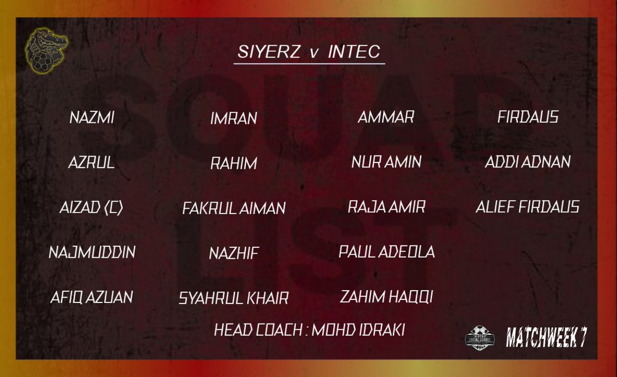 intecfc's tweet image. Today squad list against Siyerz
#TheDistrictSocialLeague 
#Misi3Mata
#WeAreTheCrocs