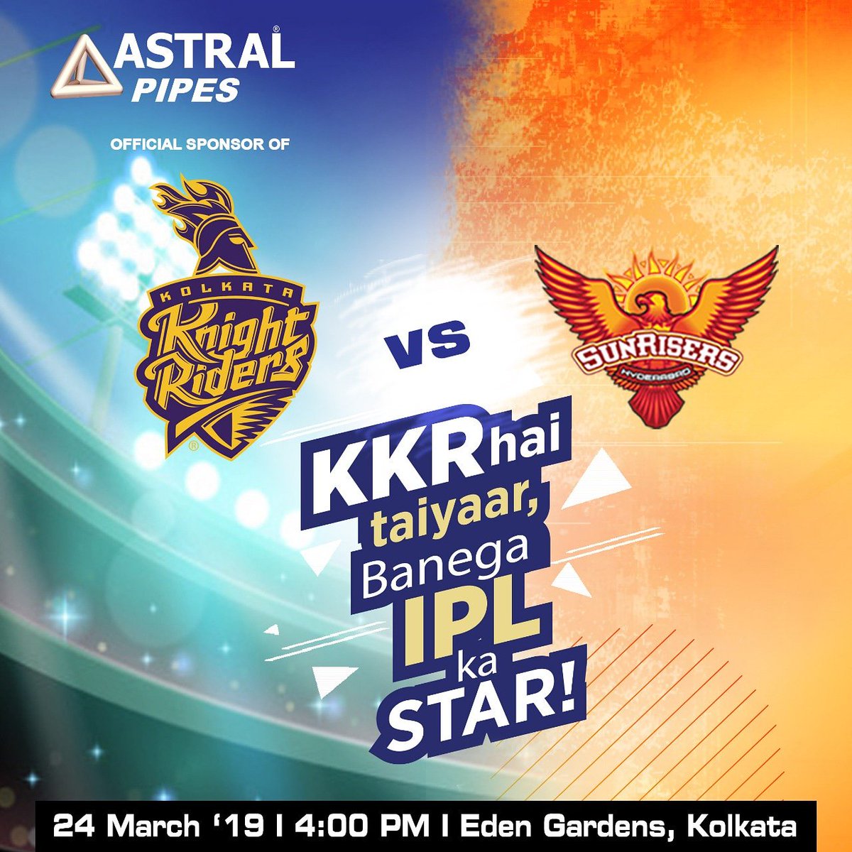 AstralPipes's tweet photo. As KKR gears up towards a winning spree, victory is sure to be an ecstasy. Astral wishes the  Kolkata Knight Riders team a smashing win!
 #AstralPipes #Astral #Pipes #AstralStrong #PlumbingSolutions #IPL #OfficalSponsor #KKR #HaiTaiyaar #KorboLorboJeetbo #KolkataKnightRiders https://t.co/WzxPBgH3n4