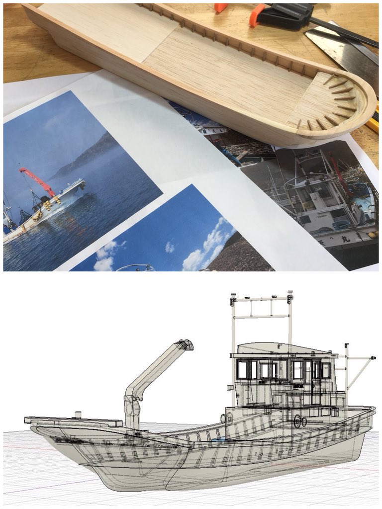 平行して知人の乗る漁船製作中。キットなど無いので写真から寸法