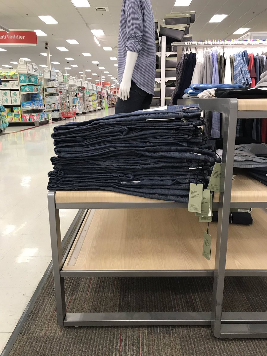 IvyatTarget's tweet image. Ever have issues with your jean piles? TOO TALL?! Decided to bring some old techniques to the men’s section today. Every 3-4 pairs, just fold the top third of the pant down toward you.