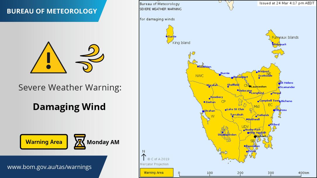 BOM_Tas's tweet photo. ⚠️ Severe Weather Warning current for damaging #winds for #Tasmania overnight tonight and early Monday morning. Additionally, thunderstorms overnight in the west and north have potential to bring large hail and heavy falls. Keep informed at https://t.co/ItqnPP0O23 #TasStorms https://t.co/yaBGFZ9l1T