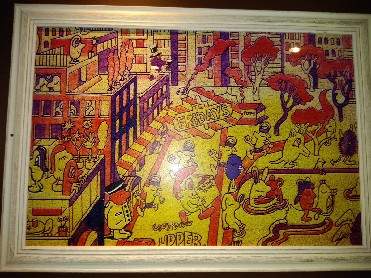 BlackiePueblo's tweet photo. I like to think I am classy enough to understand most art. But I had to get a pic of this because I really don't understand whats happening here. Someone explain it to me. #artappreciation #resturantart #tgifridays #latenight #saturdaynight #strangemind #curious https://t.co/UXPb5GcoW6
