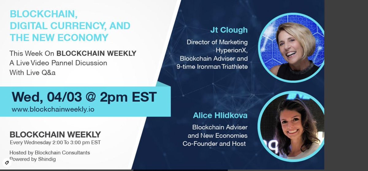 RadiantWealthHQ's tweet photo. Live, Online, Q&A Video Panel Discussion, April 3rd on Blockchain Weekly! RSVP: https://t.co/jz96hUaLvw Q&A w/ JT Clough Director of Marketing HyperionX, & 9x Ironman triathlete #Blockchain #BlockchainWeekly #JTClough #NewEconomies #HyperionX @Shindig https://t.co/ABFlfoCxQd