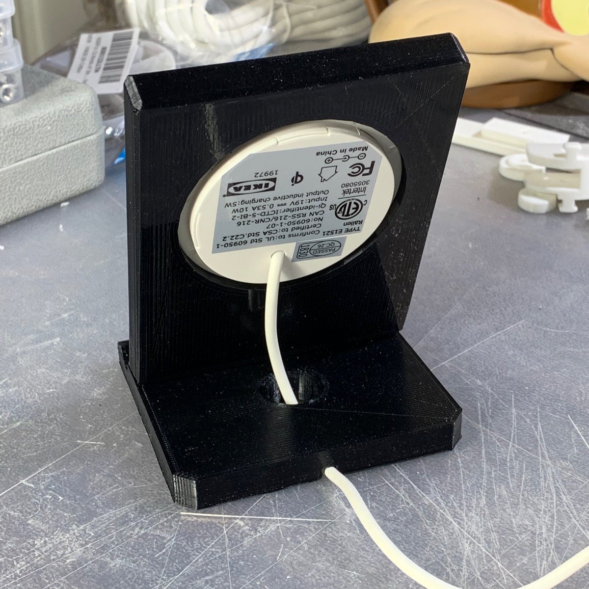 Daverig's tweet photo. New print design. Integrated a IKEA wireless charger into a phone stand. Find it on @myminifactory https://t.co/9U3tAPfSgj #3dprinting #wirelesscharging #inductioncharging #phonecharger #ikea #wirelessphonecharger #iphonecharger #myminifactory https://t.co/tJxvumWdnN