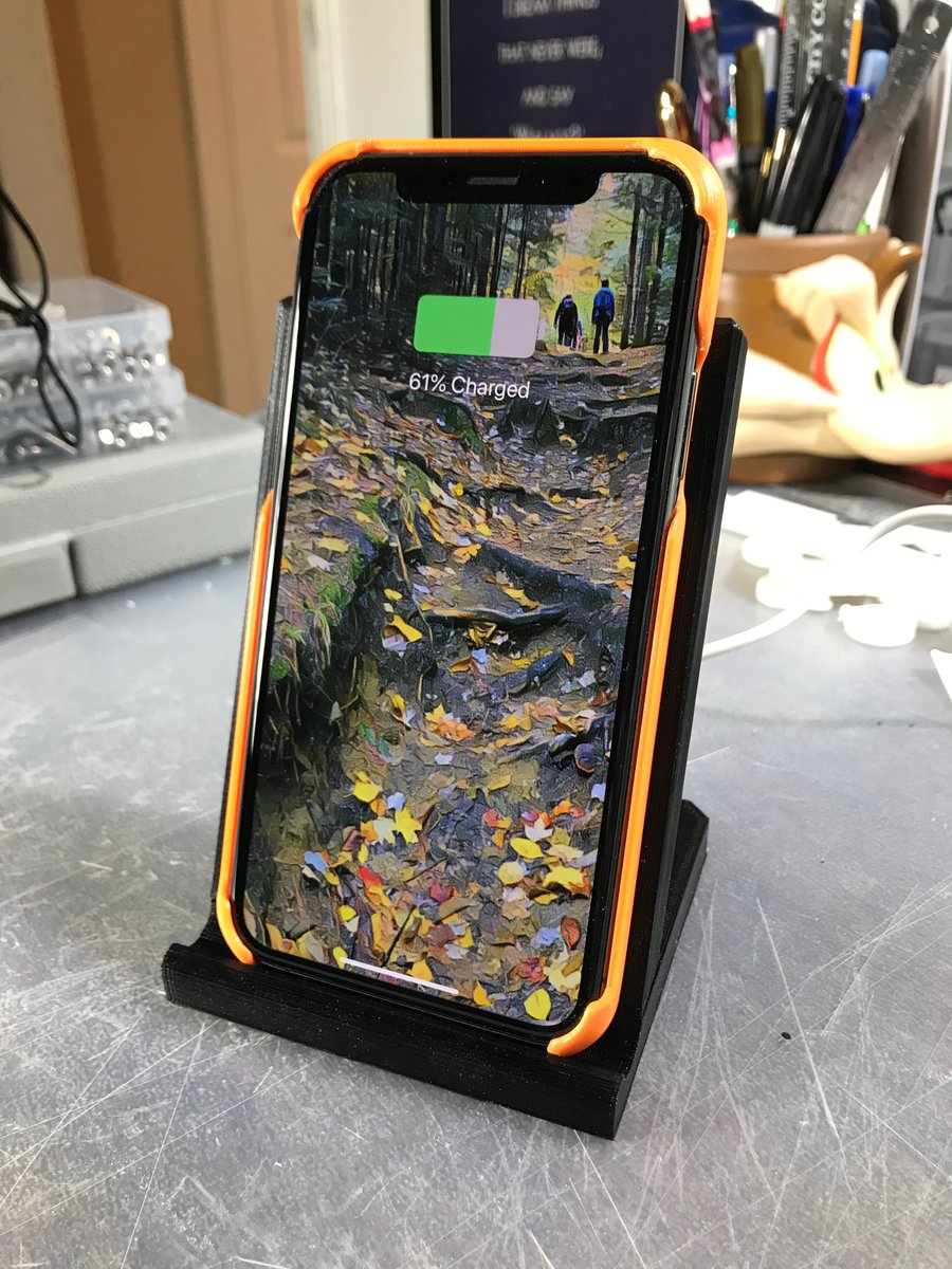 Daverig's tweet photo. New print design. Integrated a IKEA wireless charger into a phone stand. Find it on @myminifactory https://t.co/9U3tAPfSgj #3dprinting #wirelesscharging #inductioncharging #phonecharger #ikea #wirelessphonecharger #iphonecharger #myminifactory https://t.co/tJxvumWdnN