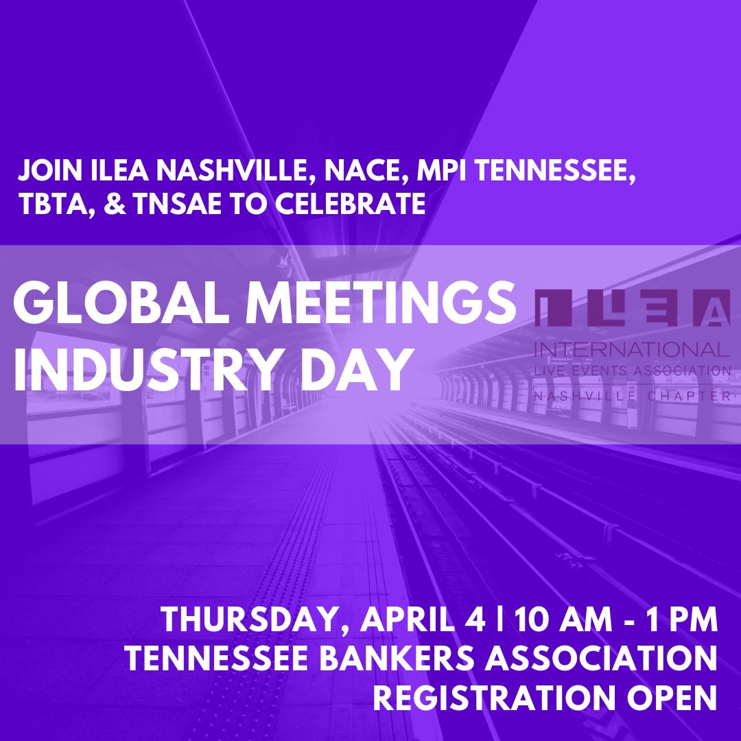 <a href="/ILEANashville/">ILEA Nashville</a> is proud to take part in 2019's Global Meetings Industry Day along with <a href="/NACENashville/">NACE Nashville</a>, <a href="/TNMPI/">MPI Tennessee</a>, <a href="/TNSAE/">TN Soc of Assn Execs</a>, &amp; TN Business Travel Association on Thursday at <a href="/TNBankers/">Tennessee Bankers Association</a>! Register today to join us &amp; celebrate our great industry! cvent.com/events/global-… … #GMID19 #myilea