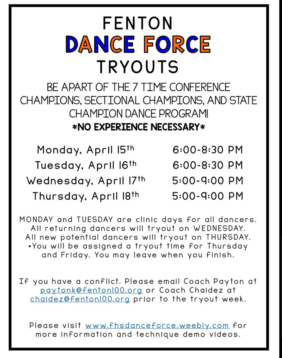 fhsdanceforce's tweet image. Mark your calendar! Tryouts for the 2019 fall season are almost here! This includes incoming freshman! @blackhawk_ms @WDJH_Panthers  @FentonAthletics @fenton