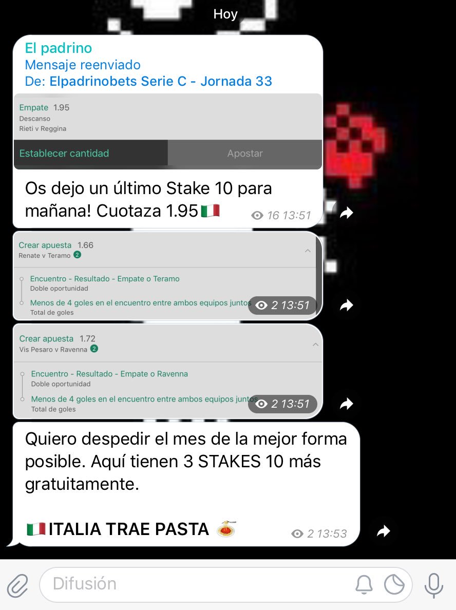 elpadrinobets's tweet photo. Más de 600 miembros en el grupo, muy agradecido por esta acogida. Dejo 3 STAKES 10 más por el grupo Free. Si quieres recomendación de resultados exactos Fav o Rt🍝 https://t.co/gcDgsRhKk4