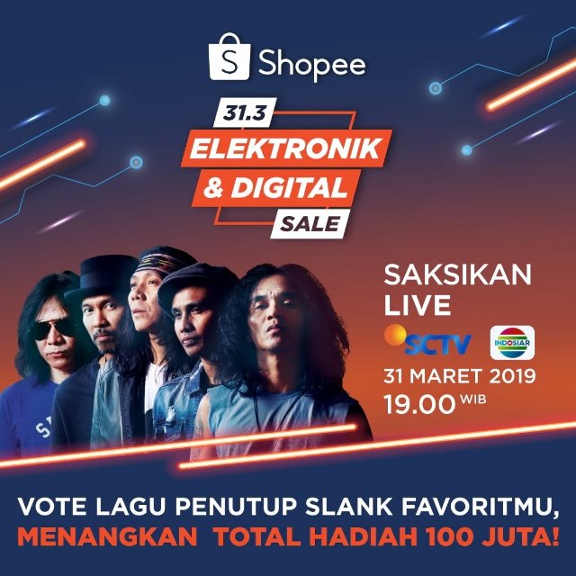 Anphezta's tweet photo. Vote Lagu Penutup yang akan dibawakan Slank di Shopee 31.3 Elektronik &amp; Digital Sale bersama Slank. Menangkan Total Hadiah 100 jt! Vote sebanyak-banyaknya! https://t.co/GWl9Unvfii https://t.co/vr5rvV8nHB