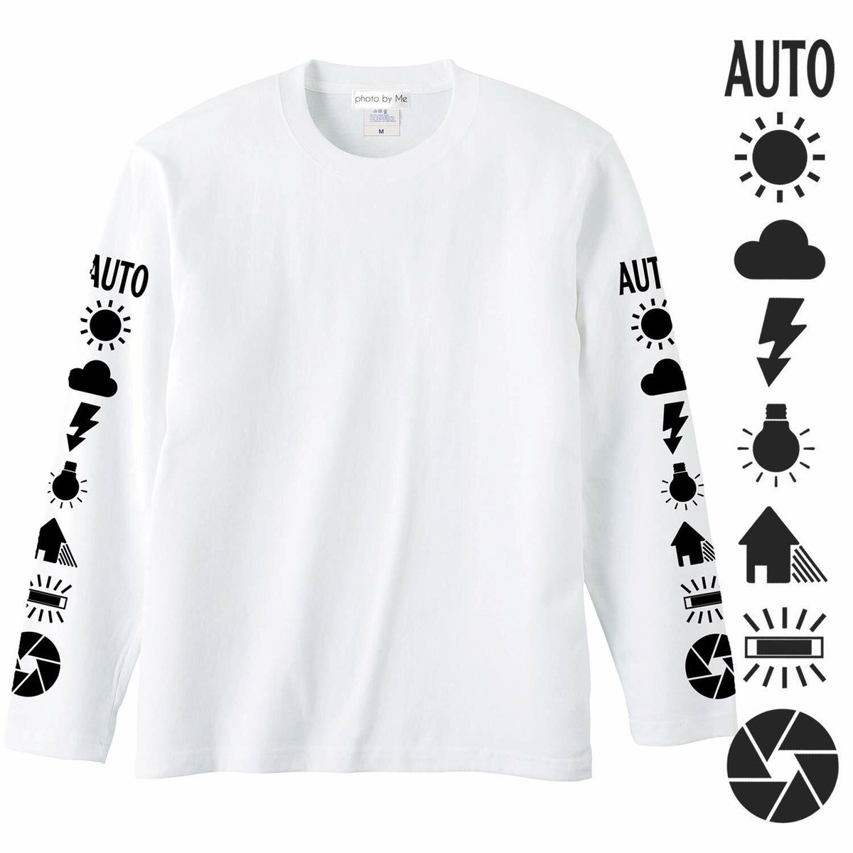 photobyMe_'s tweet photo. 【新作:商品紹介】
 "ホワイトバランス 袖プリント ロンT WHITE"
手首までプリントを落とし込み、カメラを構えた際に絞りのマークが目を引くデザイン。カメラ設定のホワイトバランスとレンズの絞りをロングスリーブTシャツの袖プリントに。
税込み 3,200円
https://t.co/SiubeobPIO
#フォトバイミー https://t.co/rg7QXUiO8U