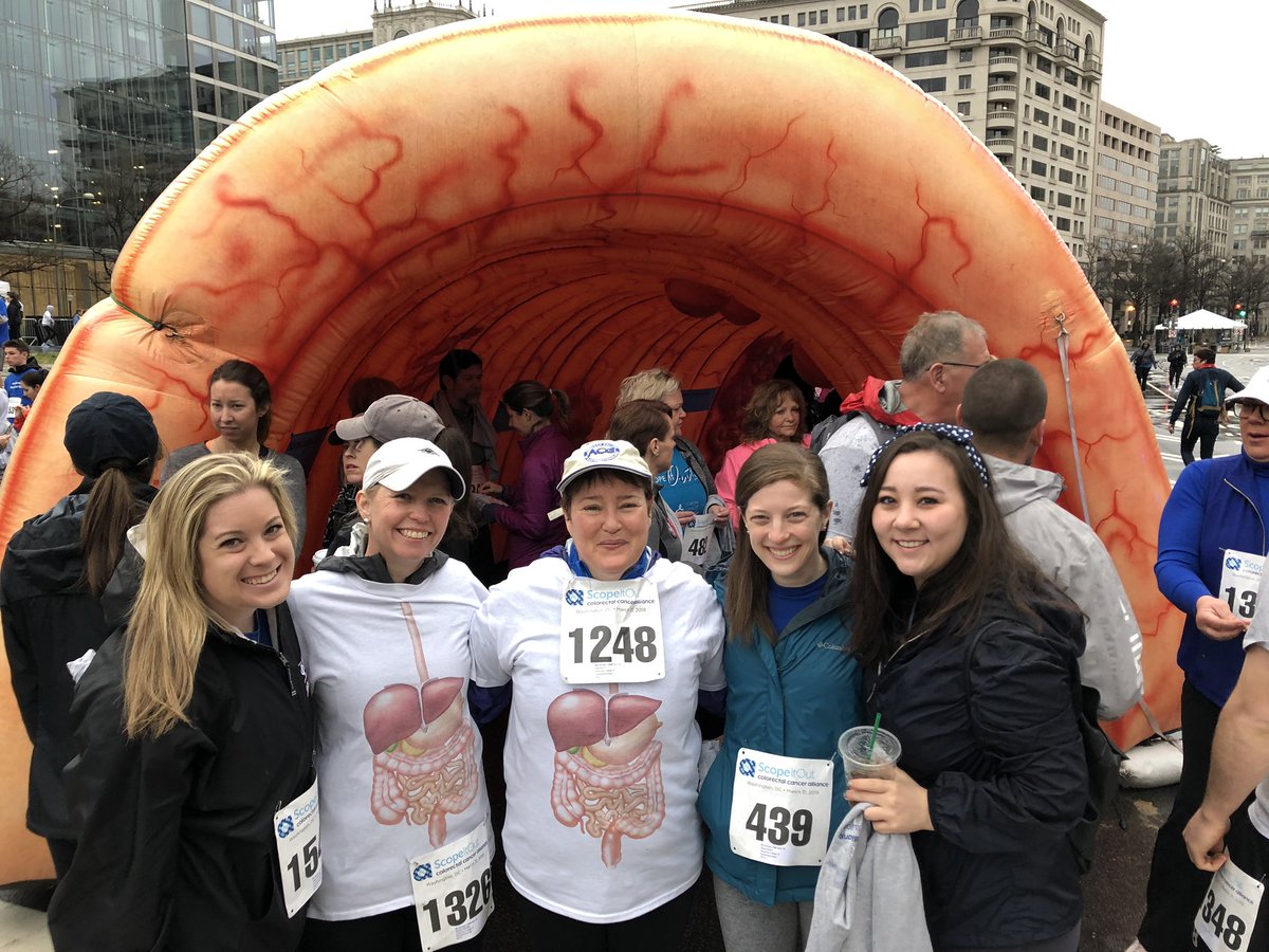 AmCollegeGastro's tweet photo. A little rain wonโt stop intrepid ACG staffers at todayโs #ScopeItOut 5K in Washington as allies in the fight against #ColorectalCancer #SIO2019 @CCAlliance #ColonCancerAwarenessMonth #CRCScreen19 #gastroenterology https://t.co/qyXeu5BIGT