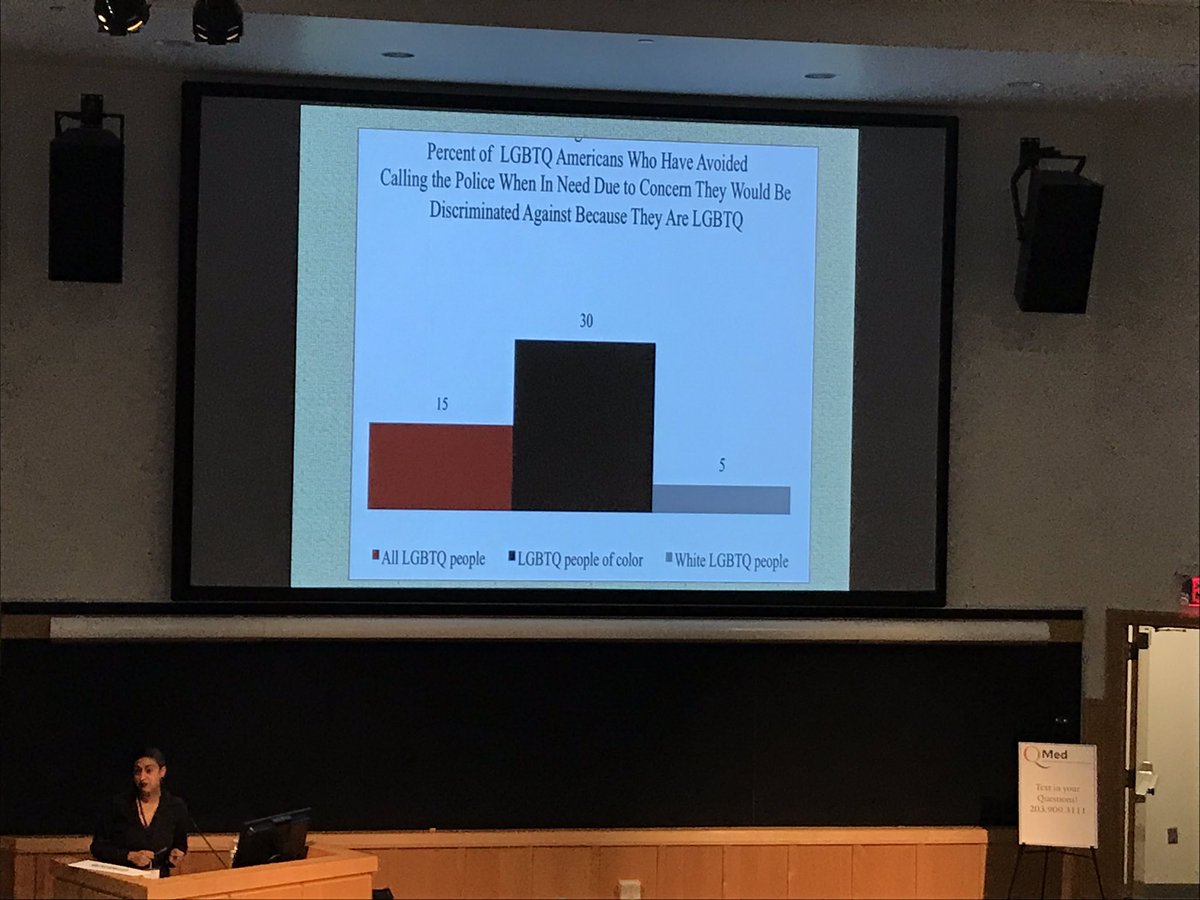 more than a 100% more black trans women are incarcerated compared to white cis men. Ronica Mukerjee’s talk at #QMed #LGBTQinMedicine is highlighting the structural violences leading to POC and LGBTQIA+ folks’ distrust in police and law enforcement. How can we change?!?