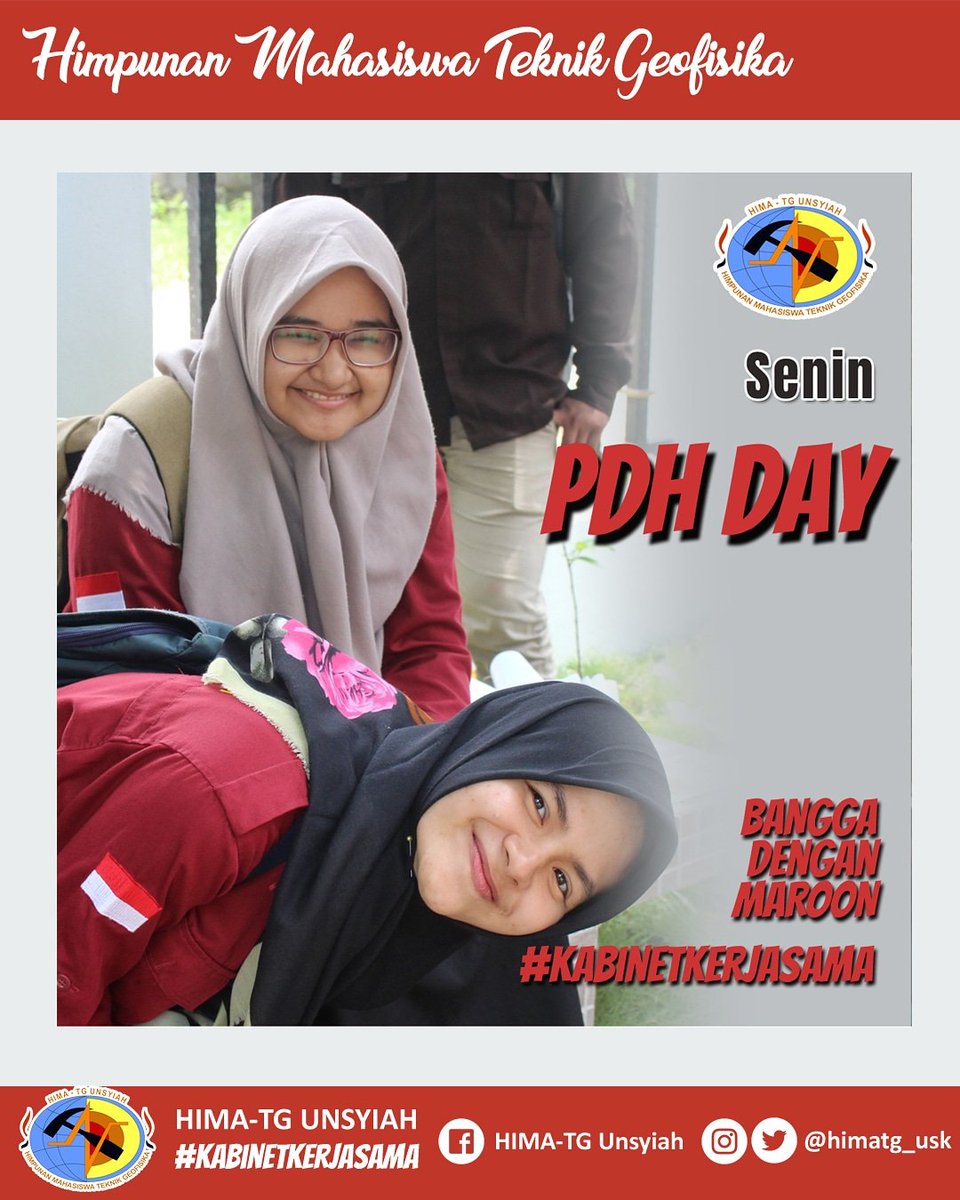 [PDH DAY]

Hallo semua🙋
Besok Senin!
Jangan lupa pakai baju seragam kebanggaan kita yaa..Tunjukkan identitas kita sebagai Mahasiswa Teknik Geofisika.!
.
#HimaTG #KabinetKerjasama #Geofisika #FT #Unsyiah #Aceh