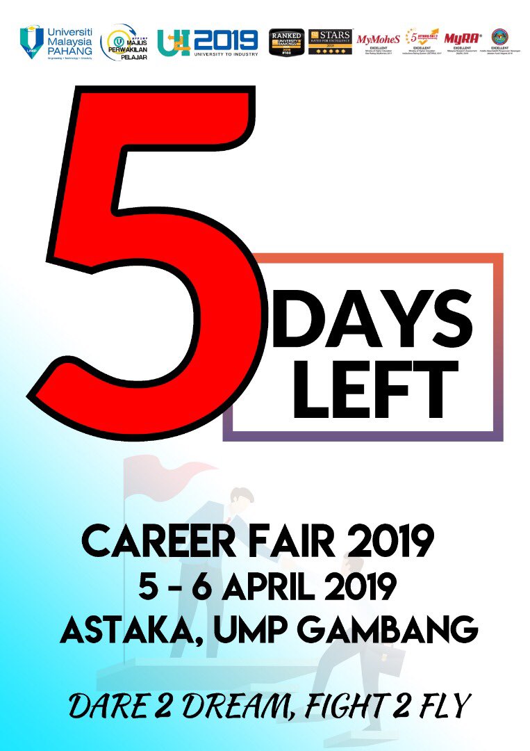 careerfair2018's tweet photo. *[COUNTDOWN: 5 DAYS LEFT!]* 5⃣

Only 5 days left to our main event!

See u there💃🏻💃🏻

#careerfairump2019
#U2I
#Dare2Dream_Fight2Fly https://t.co/16uRVcjXQv