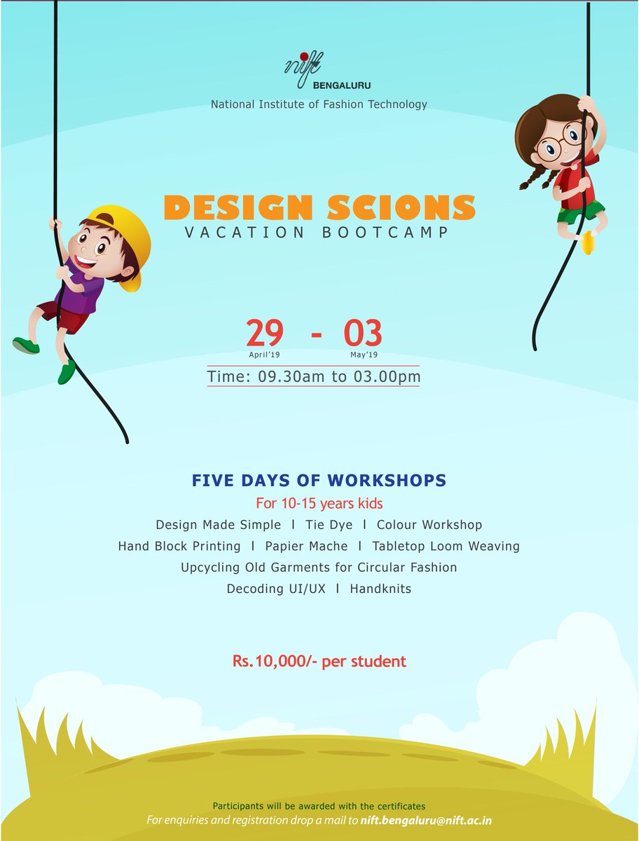 BengaluruNift's tweet photo. Launching our first vacation bootcamp for 10-15 year old students, from 29th April-3rd May. For queries/registration mail to nift.bengaluru@nift.ac.in. Design scions #youngadults #designthinking #niftbengaluru https://t.co/U27ZZMs3g1