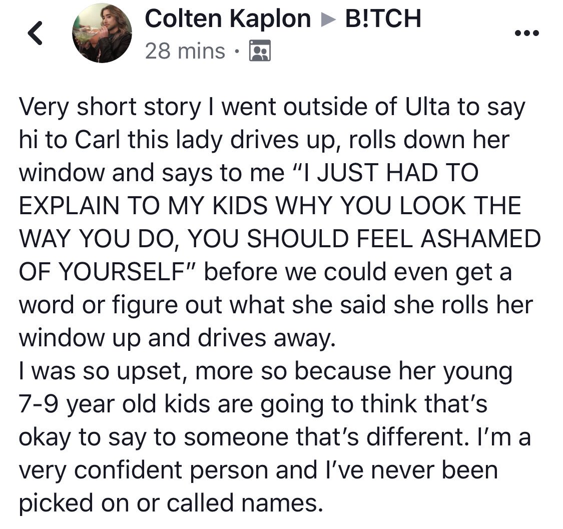 ColtenKaplon's tweet photo. Itโs 2019 folks. #getagrip #nomam #YOUSHOULDFEELASHAMEDOFYOURSELF #thosepoorchildren this is the first time Iโve ever been picked on or talked to like that in my WHOLE LIFE. https://t.co/7F2DbLdd6J