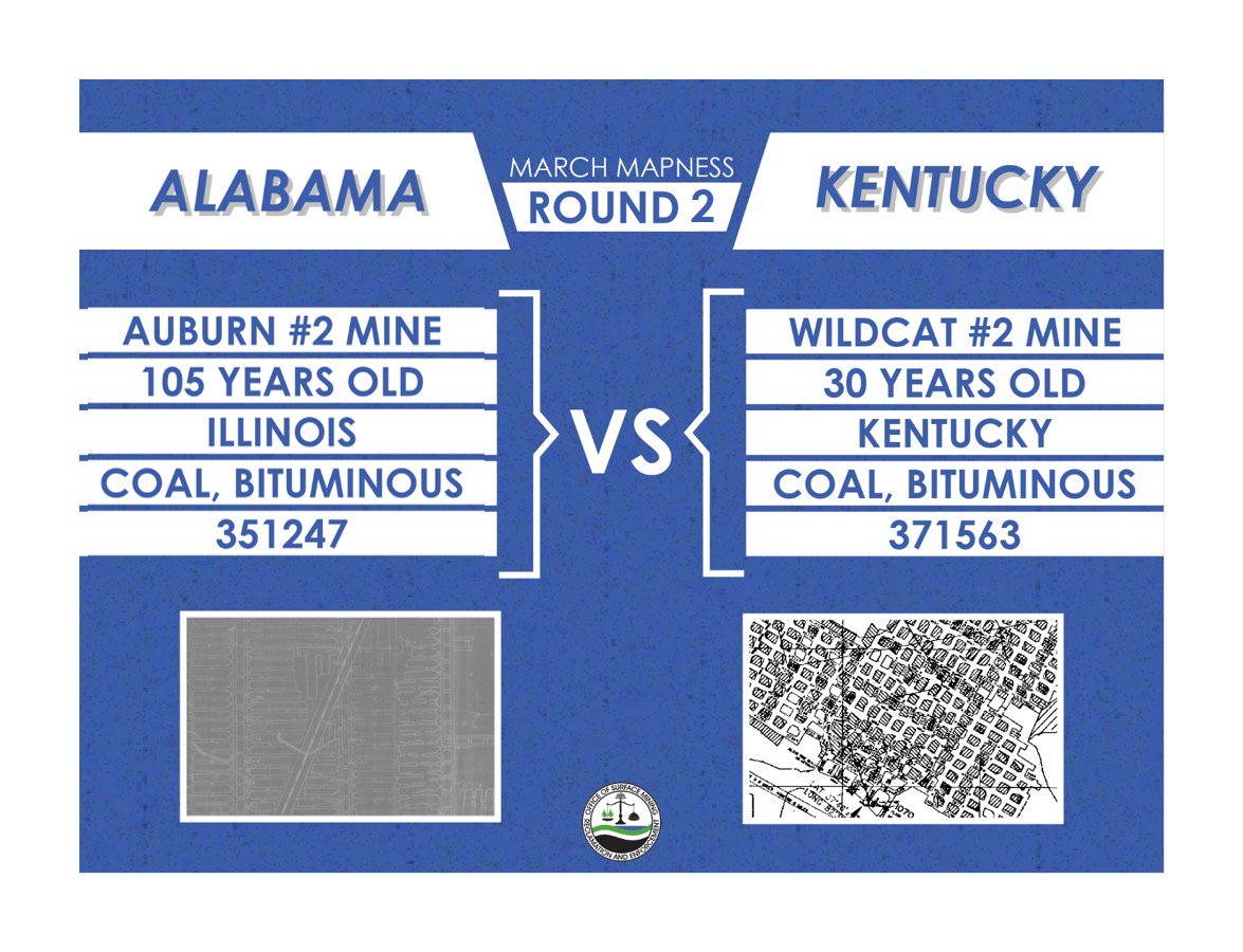 OSMRE's tweet image. These two #coal mines are ready to compete for a spot in the semifinals. Will it be experienced Alabama or youthful Kentucky that makes it to the next round? Vote now! #MarchMapness #MineMaps @minemaps