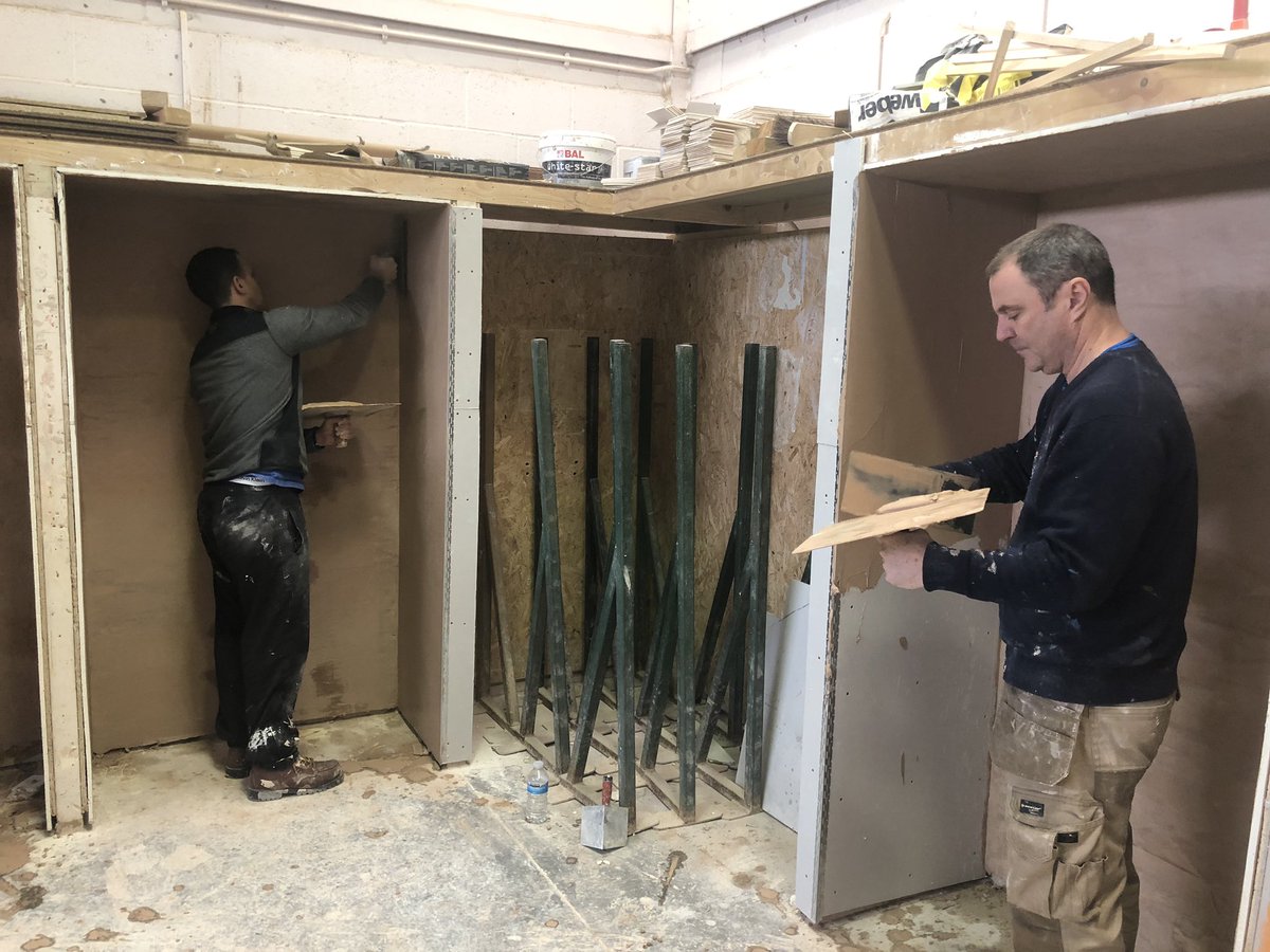 RH_Construction's tweet photo. Another full cost Adult course is nearing its conclusion. The bays have been Plasterboarded and skimmed this weekend, some amazing results as well. #newskills #adultcourses https://t.co/HPipf78UBF