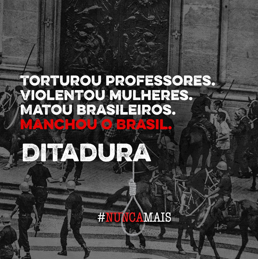 No dia 31 de março de 1964, militares do exército brasileiro derrubaram o presidente da república, João Goulart, e instalaram um dos regimes mais cruéis da história do país, a Ditadura Militar. #NuncaMais #DitaduraNaoSeComemora