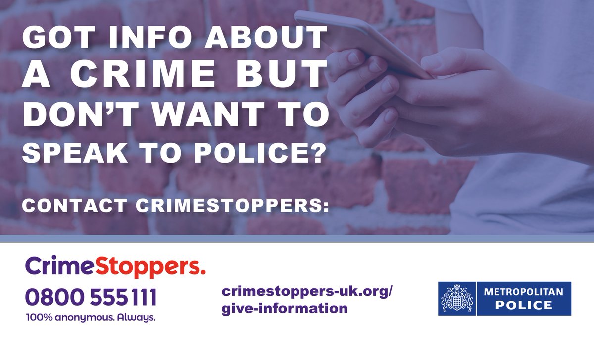 MetCC's tweet image. Please SHARE: You can help stop violence and knife crime on the streets of London, simply by giving information. If you don't want to speak to police, contact independent charity @CrimestoppersUK on 0800 555 111 / bit.ly/2CCCfsO