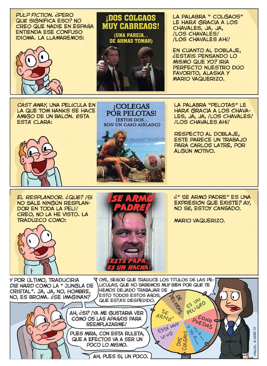 xManuelAlvarez's tweet photo. "EL SEÑOR QUE TRADUCE LOS TÍTULOS DE LAS PELÍCULAS EN ESPAÑA", historieta que hice para @eljueves en 2017. https://t.co/dz6K1MOLs1