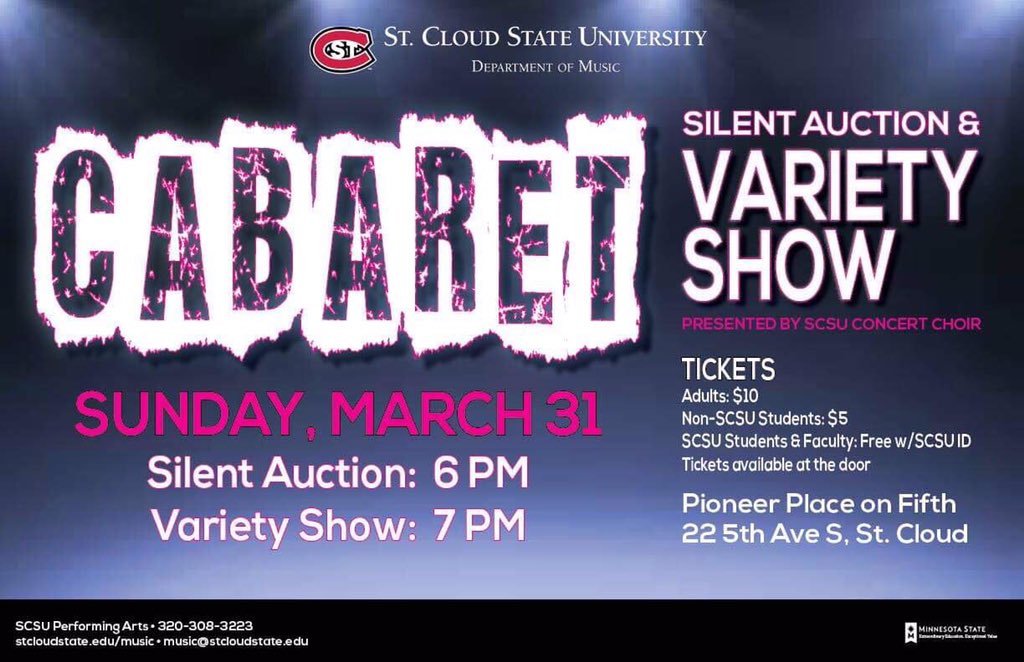 SCSUChoirs's tweet photo. See you there tonight!! Tickets are free with an SCSU ID🎤✨#scsu #scsuchoirs #findyourvoice #scsucabaret2019 https://t.co/qnJBM0jKf3