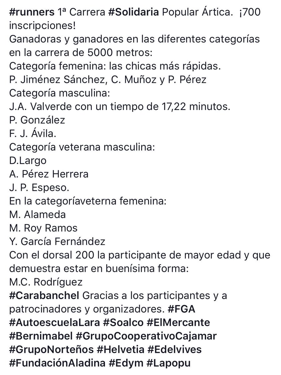 ColegioArtica's tweet photo. #runners 1ª Carrera #Solidaria Popular Ártica. Ganadoras y ganadores en las diferentes categorías en la carrera de 5000 metros #FGA #AutoescuelaLara #Soalco #ElMercante #Bernimabel #GrupoCooperativoCajamar #GrupoNorteños #Helvetia #Edelvives #FundaciónAladina #Edym #Lapopu https://t.co/48QjtDgM5s