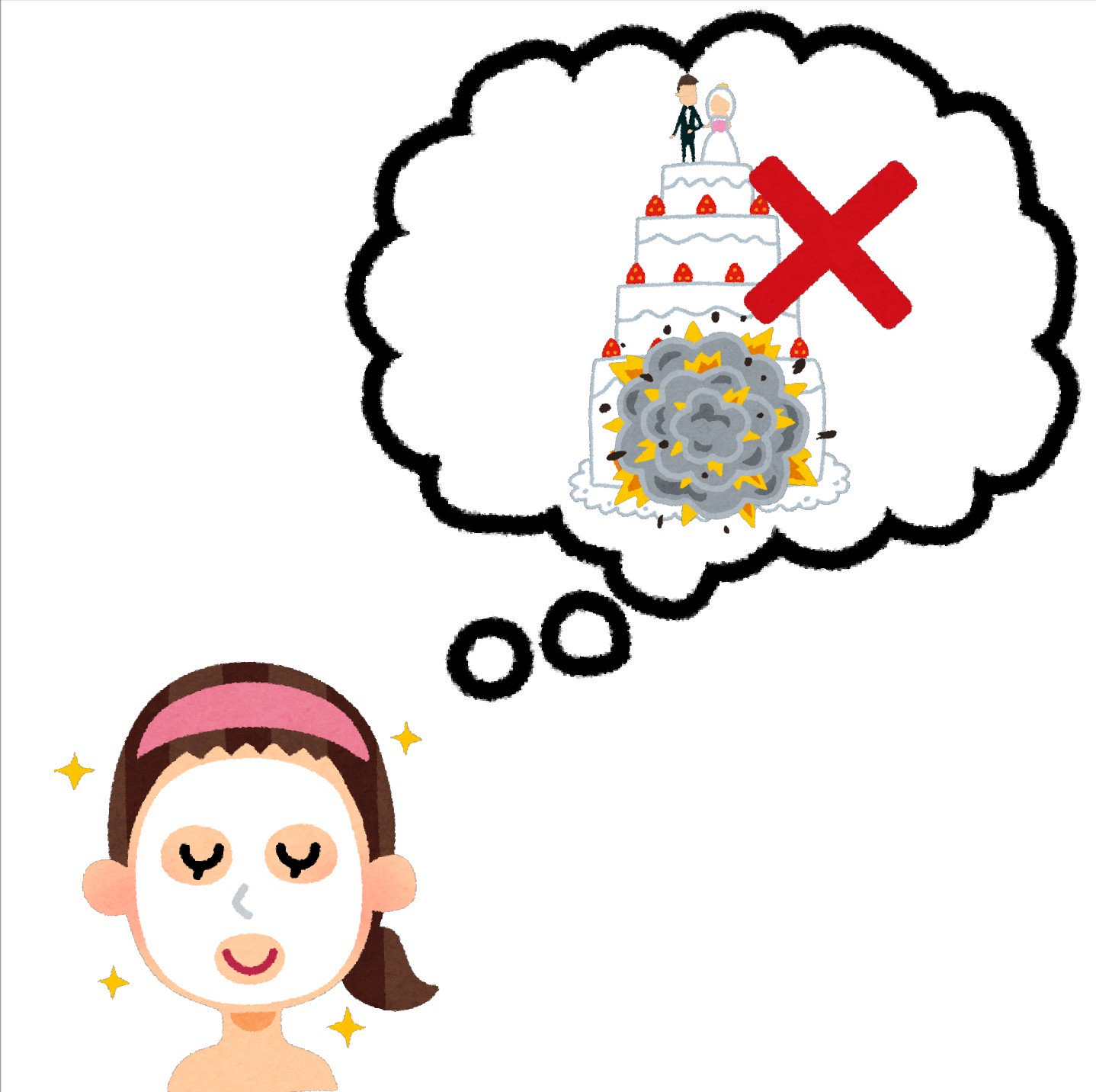 まいチクをいらすとやで再現 Twitterissa 再現難易度 使ったイラスト 5枚 ふきだしのイラスト 結婚式のイラスト ウェディングケーキ 爆発のイラスト 煙 大 バツのマークのイラスト フェイスパックをしている女性のイラスト 美容